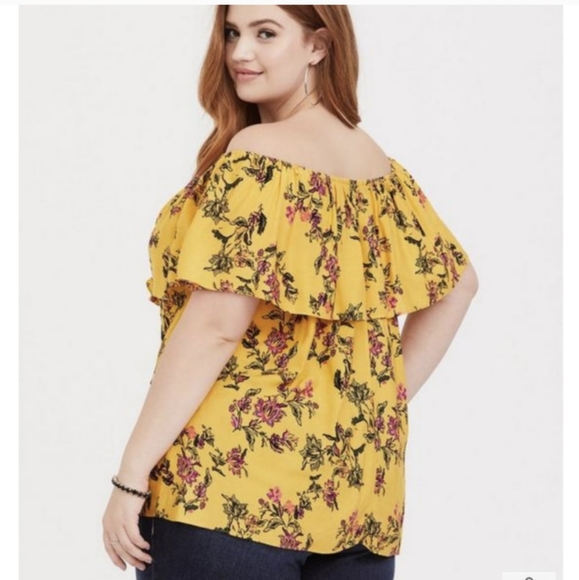 TORRID FLORAL CREPE EMBROIDERED RUFFLE OFF-SHOULDER TOP - Picture 3 of 9